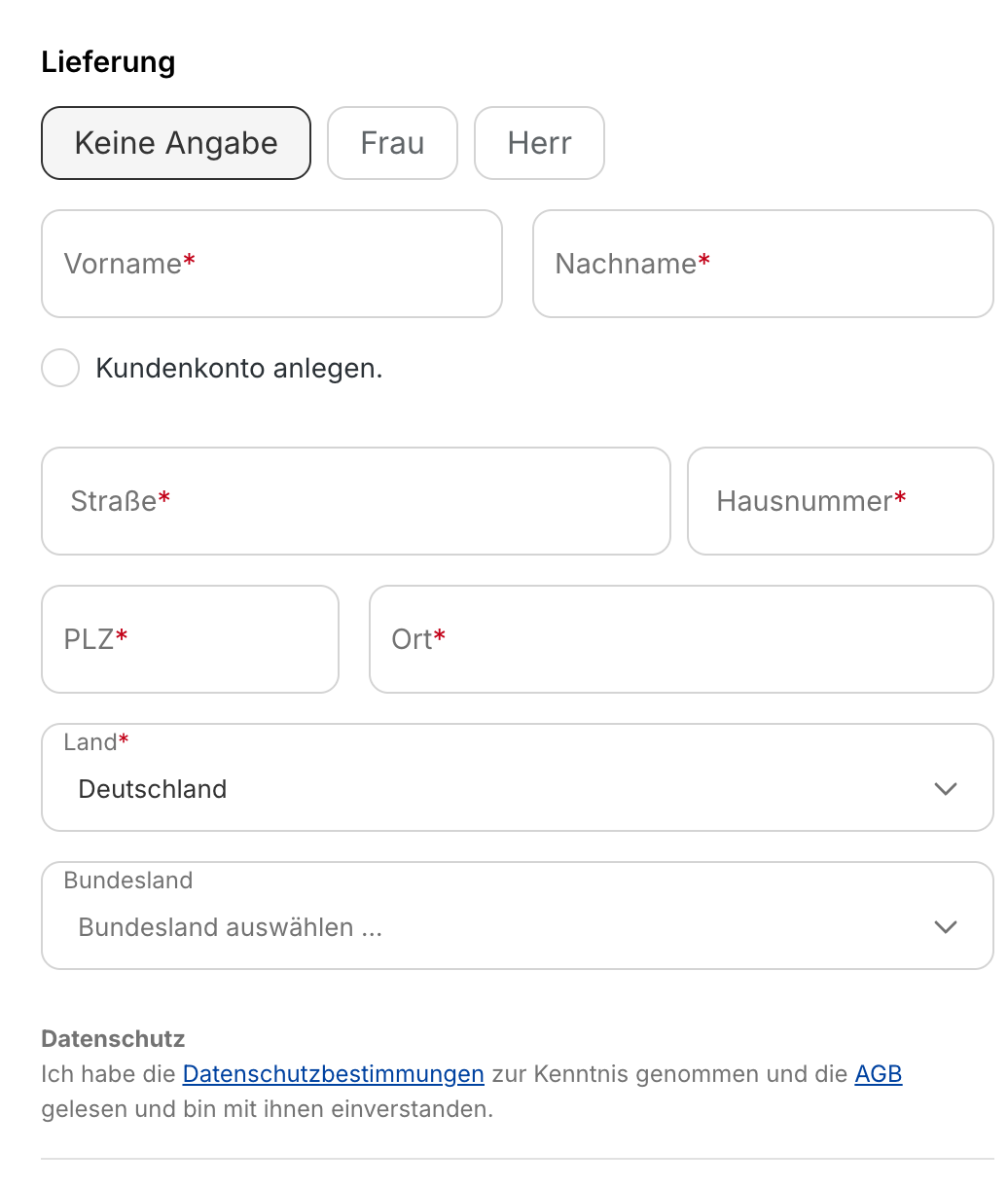 Adressformular mit Straße/Hausnummer-Split